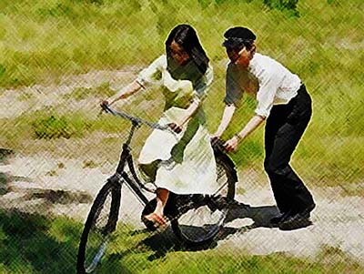 カムカムエヴリバディのネタバレあらすじ考察1週4話　自転車の練習をする安子と稔のイラスト